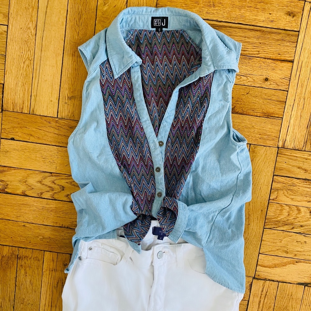 Sleeveless Jean & Chevron Knit Button Up Shirt